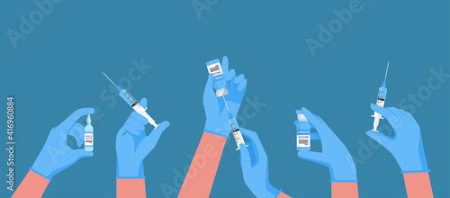 Medical flu vaccination shot concept of doctor hands wearing rubber glove holding syringe with needle and ampoules vaccine for the treatment of influenza virus, vector flat illustration