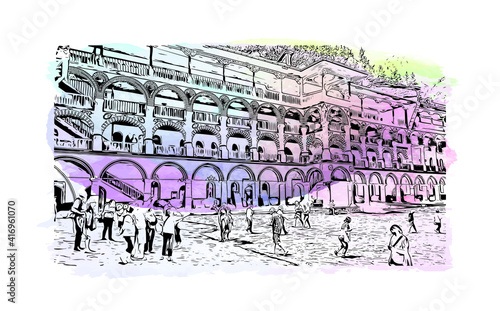 Building view with landmark of Monastery is the largest and most famous Eastern Orthodox monastery in Bulgaria. Watercolour splash with hand drawn sketch illustration in vector.