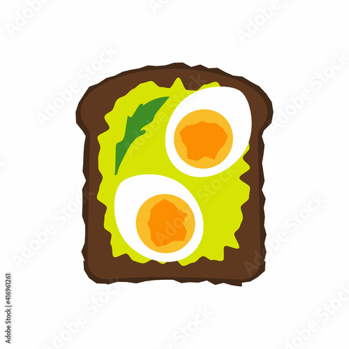 Tasty abstract green avocado toast and eggs, isolated on white background. Top view. Vector hand drawn illustration.