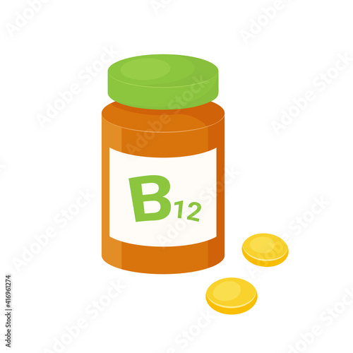 Vitamin b12 pills in jar and golden capsules, isolated on white background. Supplements for vegan frendly, anemia. Cartoon flat design. Vector illustration.