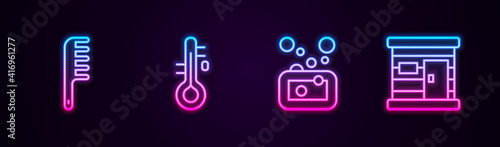 Set line Hairbrush, Sauna thermometer, Bar of soap and wooden bathhouse. Glowing neon icon. Vector.