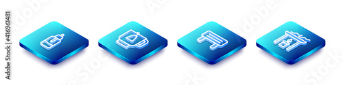 Set Isometric line Essential oil bottle, Cup of tea with tea bag, Sauna wood bench and Aroma candle icon. Vector.