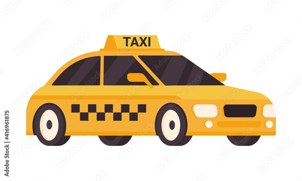 Yellow taxi car, isolated on white background. Serving cabs for residents. Modern colorful automobile. Concept, transportation people. Cartoon flat design. Vector illustration. Yellow taxi car, isolated on white background. Serving cabs for residents. Modern colorful automobile. Concept, transportation people. Cartoon flat design. Vector illustration.