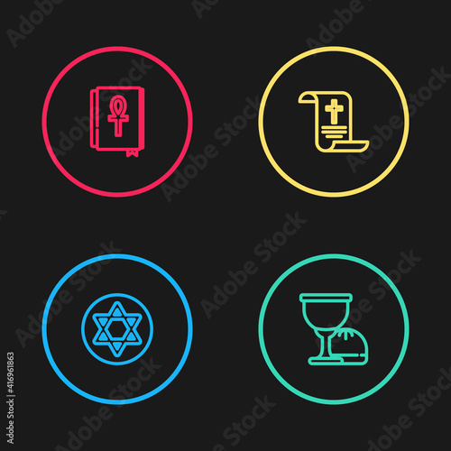 Set line Star of David, Holy grail or chalice, Decree, paper, parchment, scroll and Cross ankh book icon. Vector.