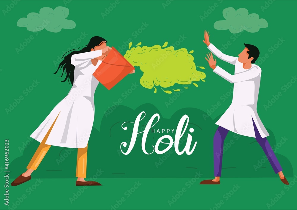 happy Holi. Cartoon Young girl and boy Playing Holi On White costume .  vector illustration design Stock Vector | Adobe Stock
