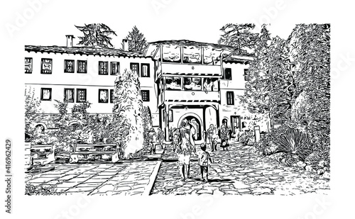 Building view with landmark of Monastery is the largest and most famous Eastern Orthodox monastery in Bulgaria. Hand drawn sketch illustration in vector.