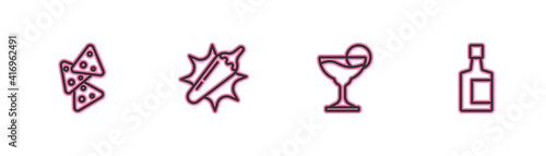 Set line Nachos, Margarita cocktail, Hot chili pepper pod and Tequila bottle icon. Vector.