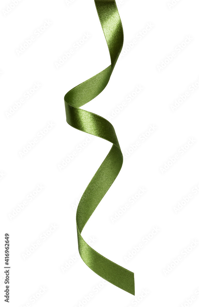 Shiny satin ribbon in green color isolated on white background close up Shiny satin ribbon in green color isolated on white background close up