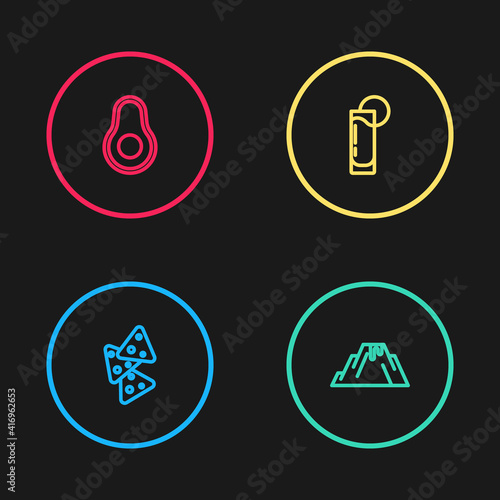 Set line Nachos, Volcano eruption with lava, Tequila glass lemon and Avocado fruit icon. Vector.
