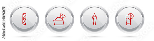 Set line Cigar, Nachos in bowl, Hot chili pepper pod and Tequila glass with lemon. Silver circle button. Vector.