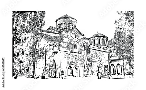 Building view with landmark of Monastery is the largest and most famous Eastern Orthodox monastery in Bulgaria. Hand drawn sketch illustration in vector.