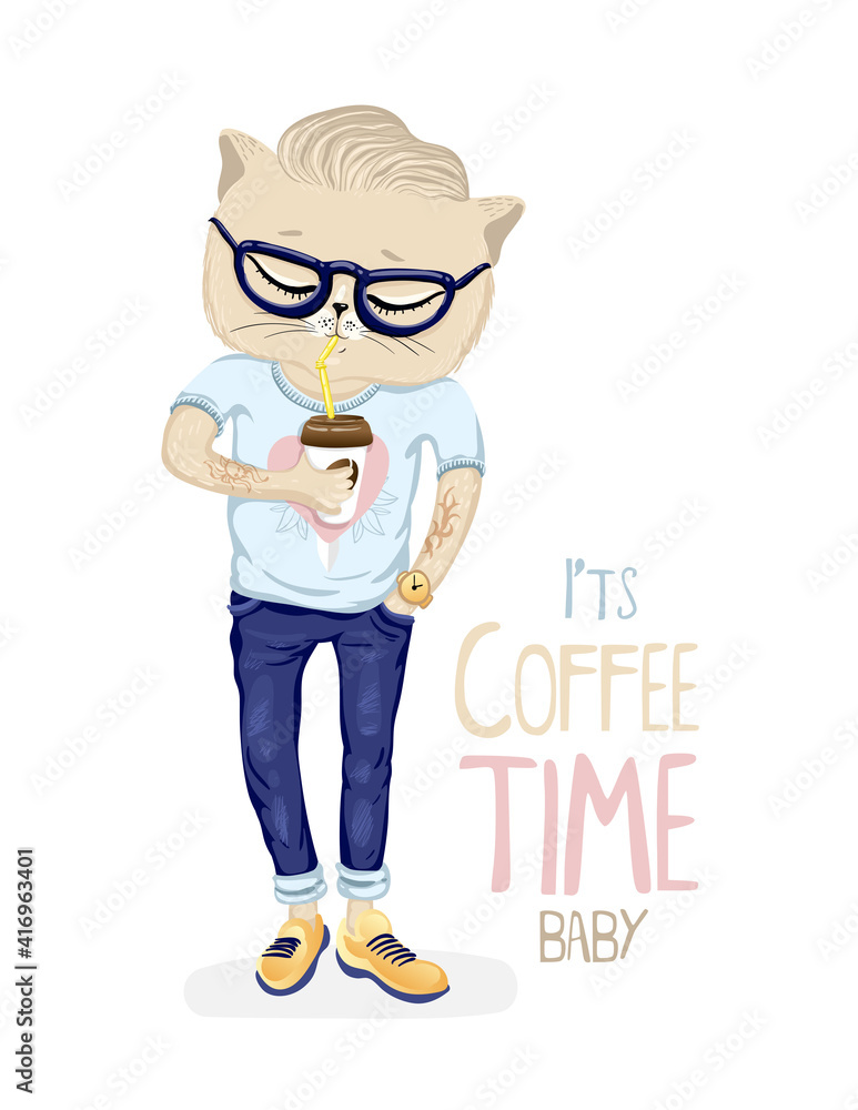 Hipster cat with coffee cup. Vector EPS10 Hipster cat with coffee cup. Vector EPS10