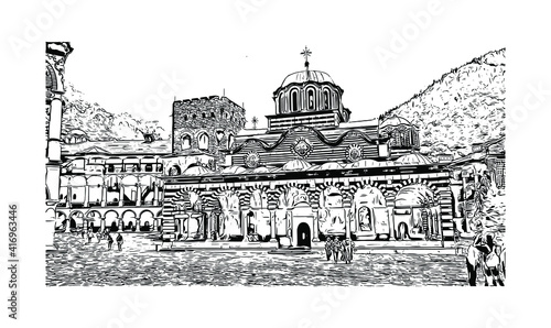 Building view with landmark of Monastery is the largest and most famous Eastern Orthodox monastery in Bulgaria. Hand drawn sketch illustration in vector.