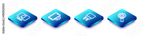 Set Isometric line Phone repair service, , Charger and System bug icon. Vector.