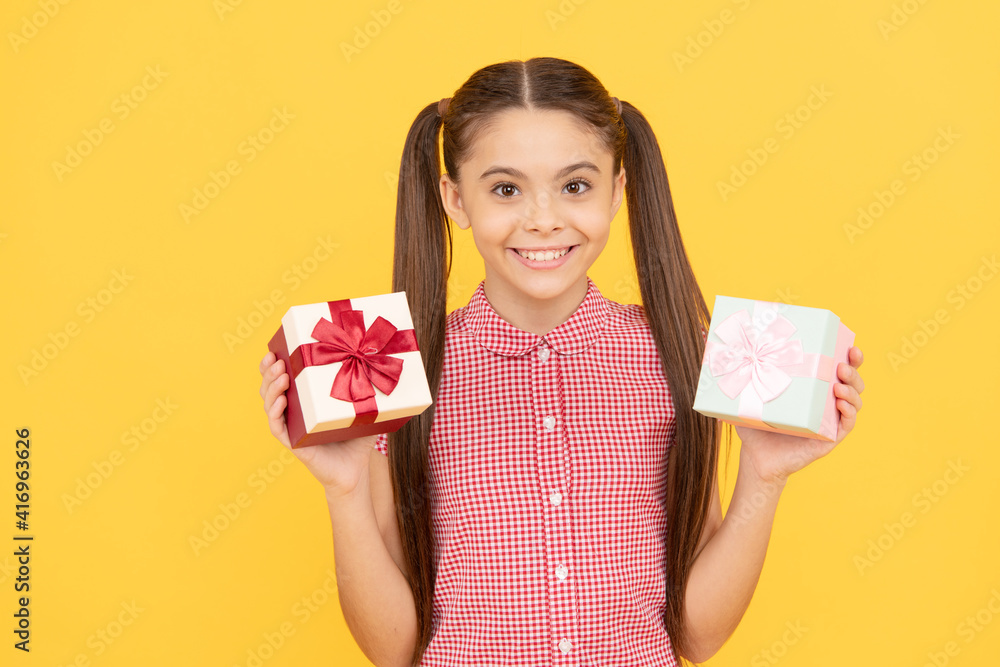 happy childhood. shopping final sell out. teenage shopper. cheerful teen girl with gift boxes.