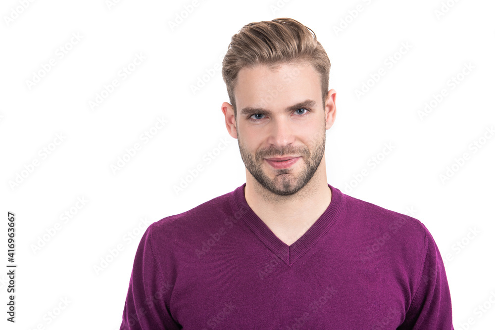 Fototapeta premium Hes handsome and he knows it. Handsome man isolated on white. Mens grooming. Trendy barbershop