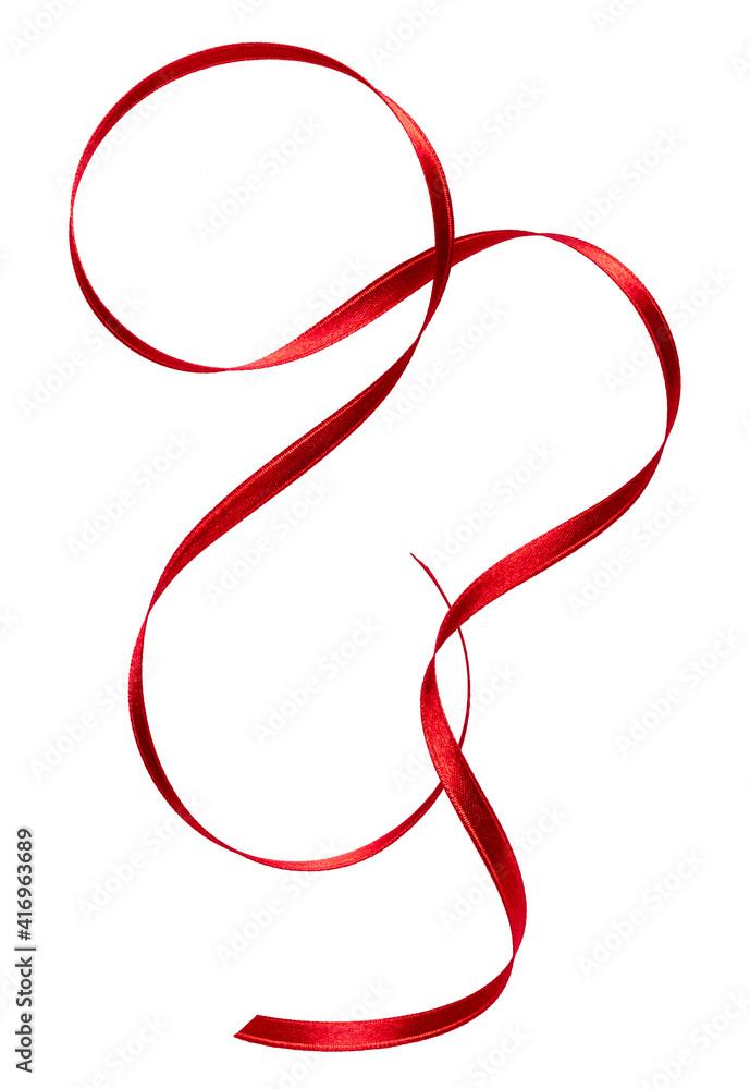 Shiny satin ribbon in red color isolated on white background close up