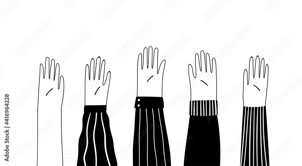 Obraz premium Raised hands vector line illustration isolated on white background.