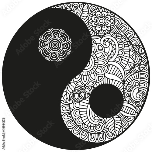 Vector Yin-Yang symbol. Coloring book for adult in Oriental style with flowers and ethnic floral ornaments. Circular mandala pattern for henna, mehndi, tattoo, decoration. Decorative ornament