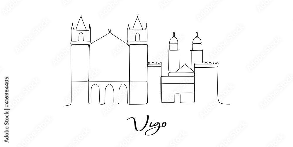 Vigo of the spain landmarks skyline - Continuous one line drawing