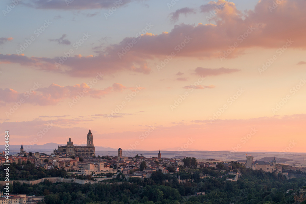 Photo at sunset of Segovia, you can see the cathedral and the alcazar