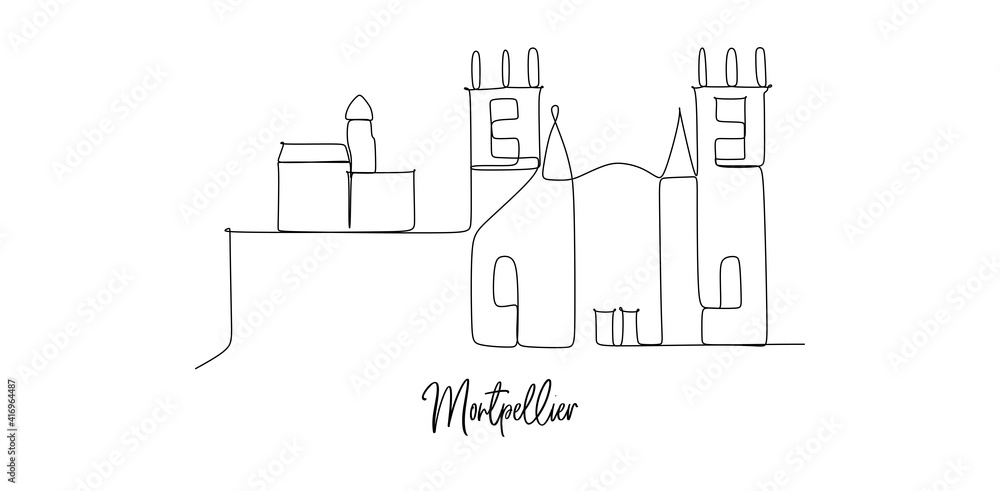 Montpellier city of France landmarks skyline - Continuous one line drawing