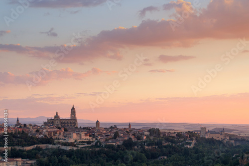 Photo at sunset of Segovia, you can see the cathedral and the alcazar