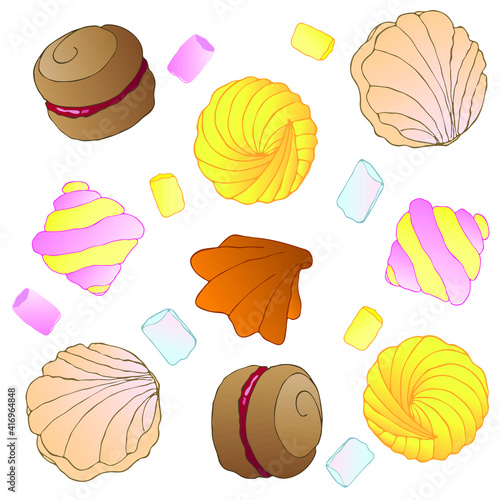 Set of multi-colored cookies, small and large marshmallows of different colors, shortbread cookies, marshmallows for cocoa, sweet sandwiches. Background for shops and advertising of sweets, wrappers. 