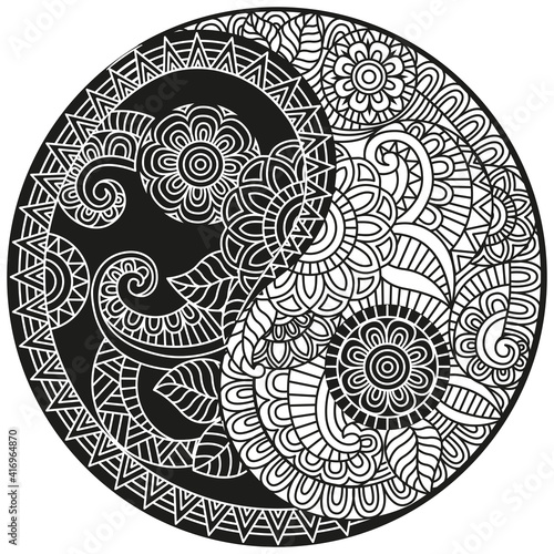 Vector Yin-Yang symbol. Coloring book for adult in Oriental style with flowers and ethnic floral ornaments. Circular mandala pattern for henna, mehndi, tattoo, decoration. Decorative ornament