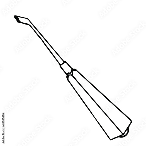 Dental elevator, tool for tearing teeth, dentist equipment. Drawing black pen on a white isolated background. For advertising dental services, price list design, brochures. Vector stock image.