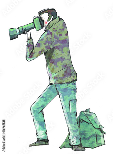 Illustration of a photographer in the field photographing nature or similar, with a backpack