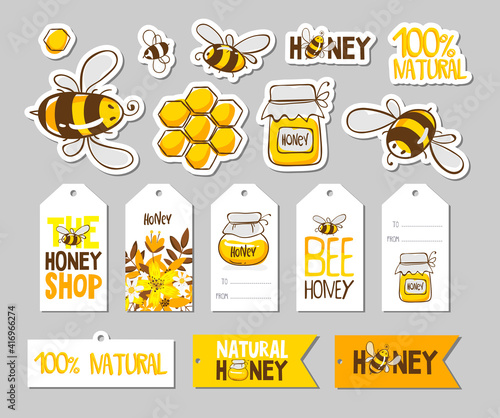 Set of stickers, badges, lables with cute bees, flowers and honey with lettering. Vector illustration EPS 10