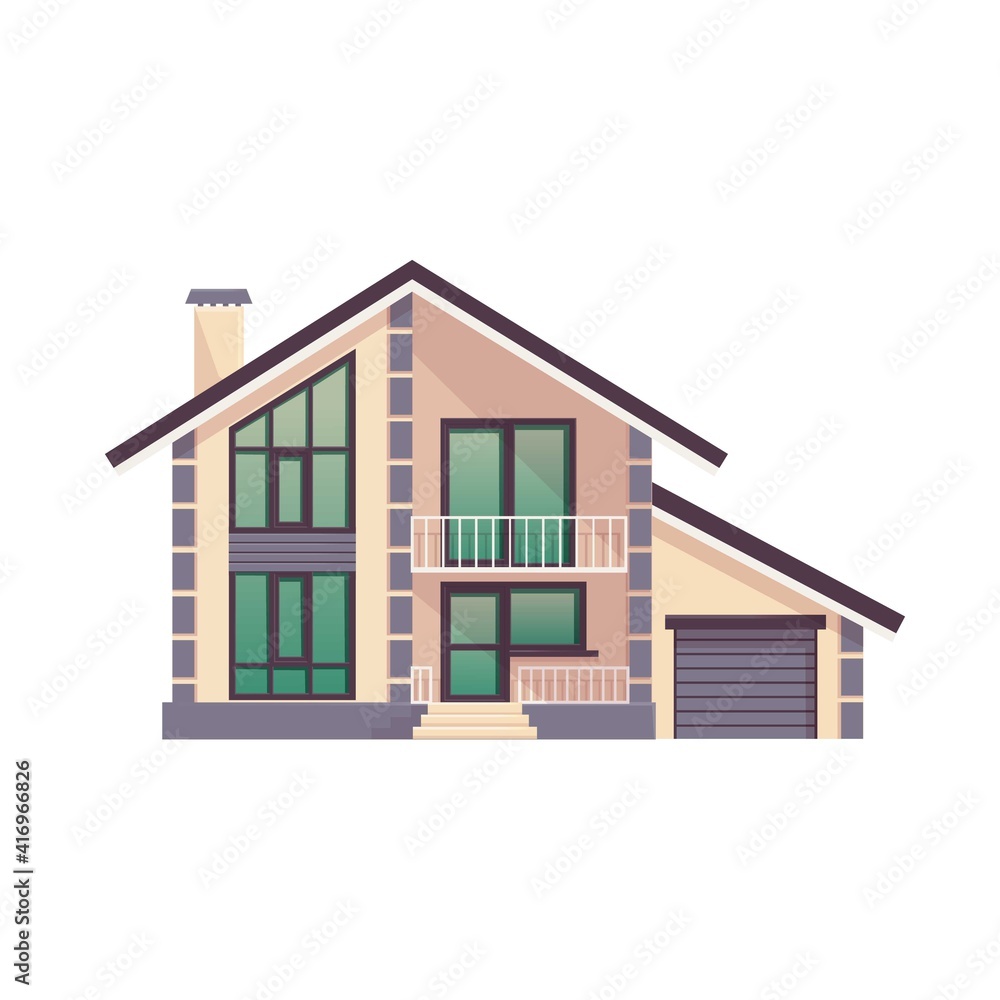 beige cozy two-storey house with a garage and a balcony,flat style.Use as an icon or symbol for mortgages,building construction,family real estate,rental housing or real estate agency.Isolated vector beige cozy two-storey house with a garage and a balcony,flat style.Use as an icon or symbol for mortgages,building construction,family real estate,rental housing or real estate agency.Isolated vector