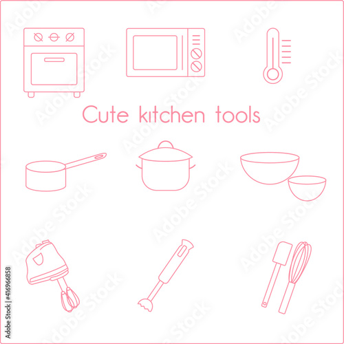 cute set of kitchen tools. pink line icons. vector isolated  illustration