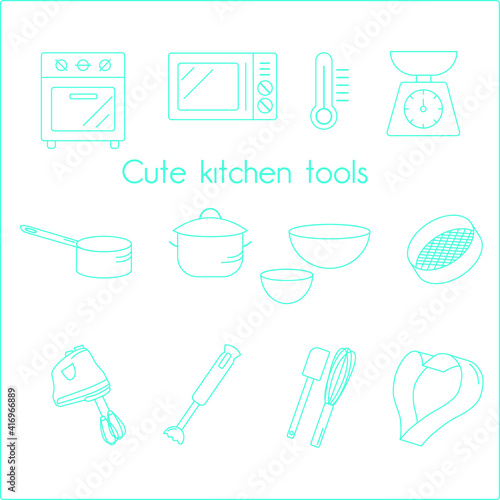 cute set of kitchen tools. blue line icons. vector isolated