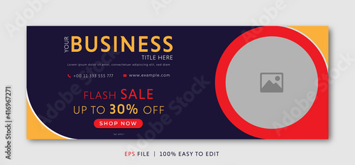 Flash sale facebook cover page timeline web ad banner template with photo place modern layout dark blue, yellow and red background, shape and text design