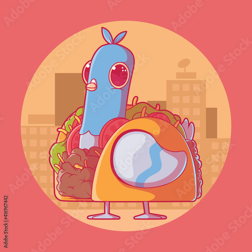 Pigeon dressed as a Taco vector illustration. City life, fast food, animal design concept.