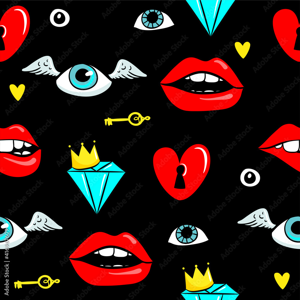 Fashion patch badges with lips, seyes, diamonds and other elements seamless pattern. Vector background with stickers