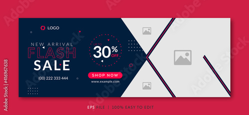 Flash sale facebook cover page timeline web ad banner template with photo place modern layout dark blue background and vivid pink shape and text design