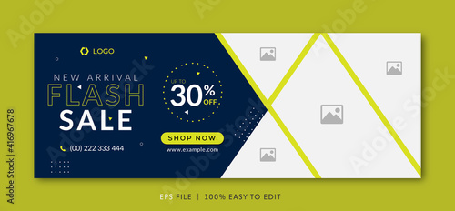 Flash sale facebook cover page timeline web ad banner template with photo place modern layout dark blue background and green shape and text design photo