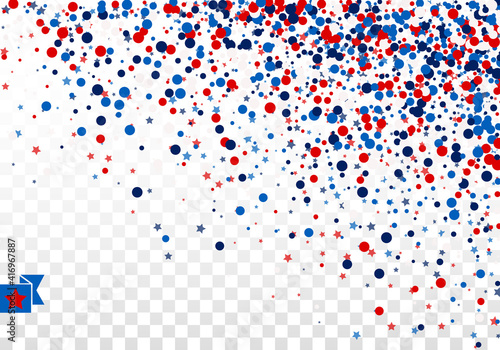 Festive design background concept with scatter circles, stars in traditional American colors - red, white, blue. Isolated confetti dust.