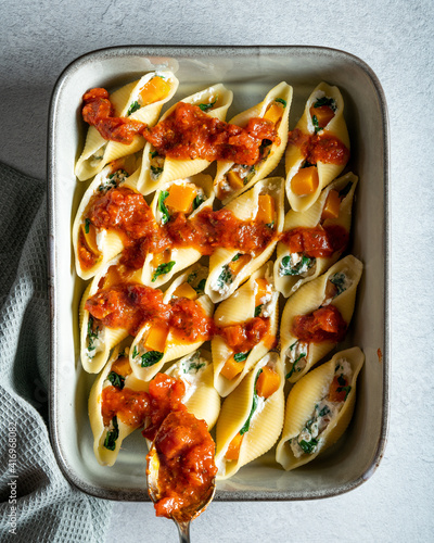 Spinach, butternut squash and ricotta Conchiglie bake prep shot
