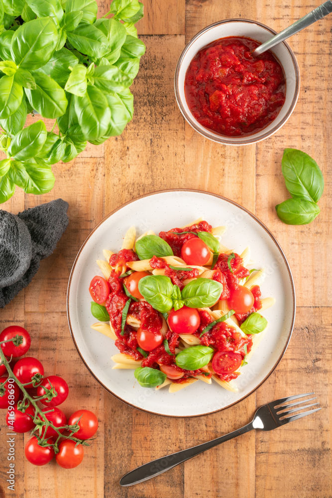 Top down tomato and basil pasta Top down tomato and basil pasta
