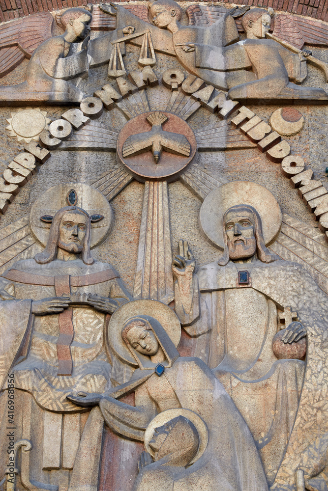 Sainte Odile church, Paris. Detail of the tympanum. France. 22.03.2018 Sainte Odile church, Paris. Detail of the tympanum. France. 22.03.2018