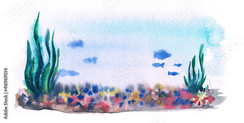 Watercolor landscape inside aquarium. Thick green algae, colorful rocky bottom, blurry silhouettes of fish swimming around in pure blue water. Hand drawn illustration of underwater life