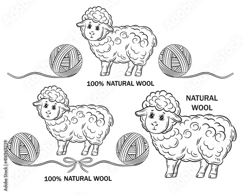 Merino sheep natural wool for hand knitting outline icon set. Ewe with round ball of yarn. Handmade knitwear clothes. Needlework, knitted or crochet from woolen thread. Label textile packaging. Vector