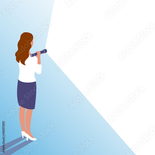 A young business woman stands with a flashlight on. The concept of finding new idea and opportunity. Empty space for text. Vector template illustration.