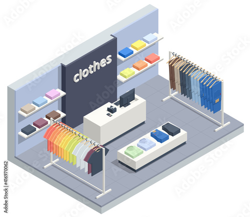 Isometric clothing store concept. Online shopping , Buying clothes on web site or app.