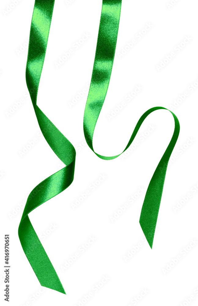 Shiny satin ribbon in green color isolated on white background .Ribbon image for decoration design.