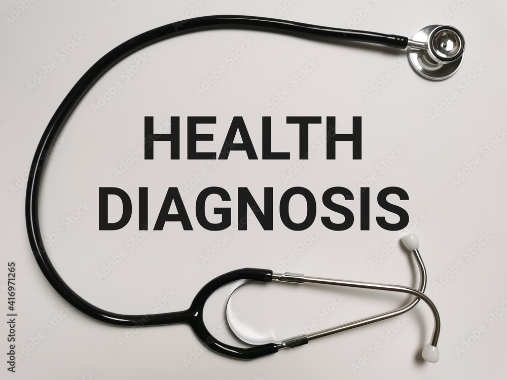 Phrase HEALTH DIAGNOSIS written on white background with stethoscope. Medical and health concept. Phrase HEALTH DIAGNOSIS written on white background with stethoscope. Medical and health concept.
